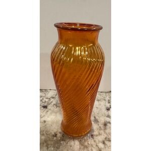 Vintage Marigold Carnival Glass Swirl Optic Vase Iridescent Amber 7.5 Inch P7.a